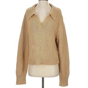 Dissh Oversized Solid Tan Brown Collared Vneck Knitted Pullover Sweater Jumper